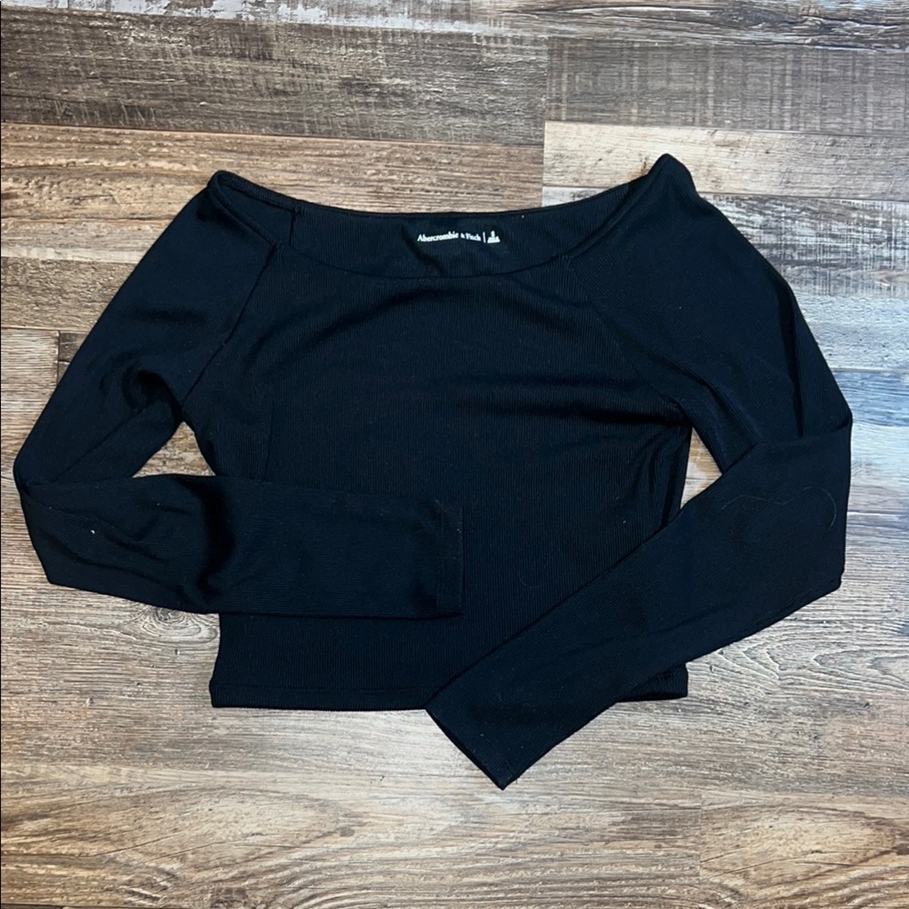 Abercrombie & Fitch Black Ribbed Off the Shoulder Long Sleeve Tee